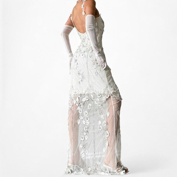 Vintage Off White Floral Applique Beaded Mesh Maxi Bodycon Prom Dress Size M - Picture 4 of 8